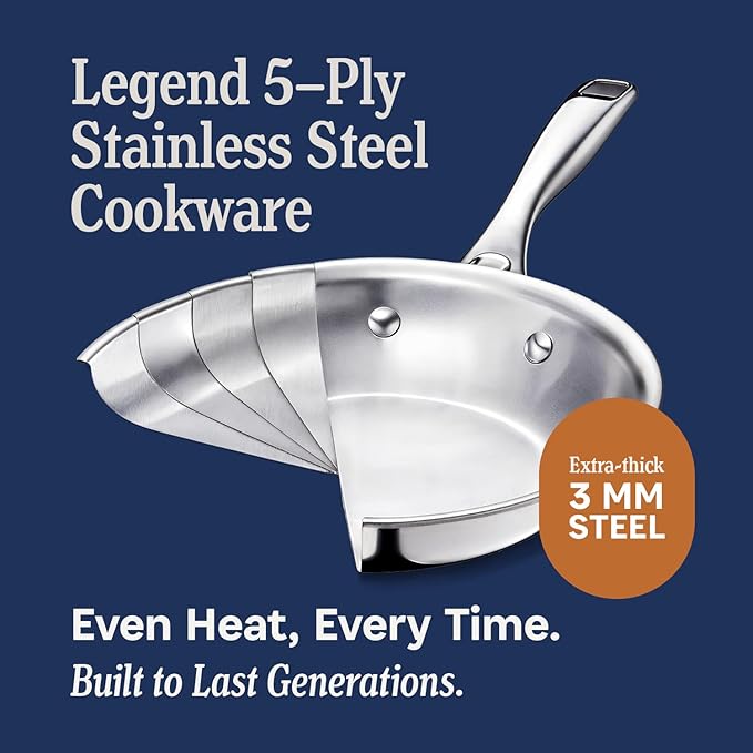 LEGEND COOKWARE 5-Ply Stainless Steel Cookware Set, 7-Piece Pots and Pans Set - Induction Compatible, Oven Safe 800째F - Non-Toxic, No Coatings - Built to Last Generations
