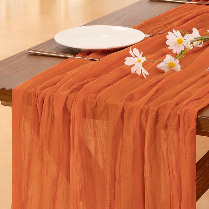 Socomi 3pcs Orange Cheesecloth Table Runner Valentine's Day Boho Rustic Gauze 120 inch 10FT Cheese Cloth Runner for Wedding Party Baby Shower Birthday Home Decor Holiday Decorations