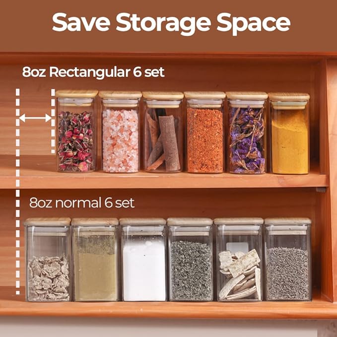 Comsaf Spice Jars with Label竊? oz Small Glass Jars with Lids, 6 Pcs Seasoning Containers, Rectangle Glass Containers with Lids, Empty Seasoning Jars for Pantry Storage, Loose Tea, Herbs, Powders, Salt