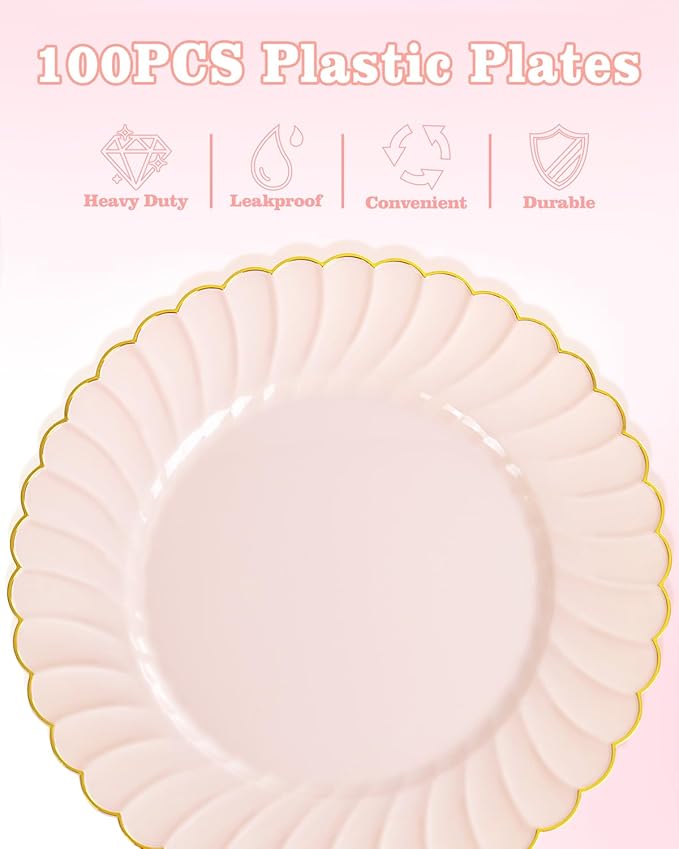 YOUBET 100PCS Pink Scalloped Plastic Plates - Heavy Duty Gold Disposable Fancy Hard Plates Include 50 Dinner Plate, 50 Dessert Plate, for Wedding & Party Valentines Day