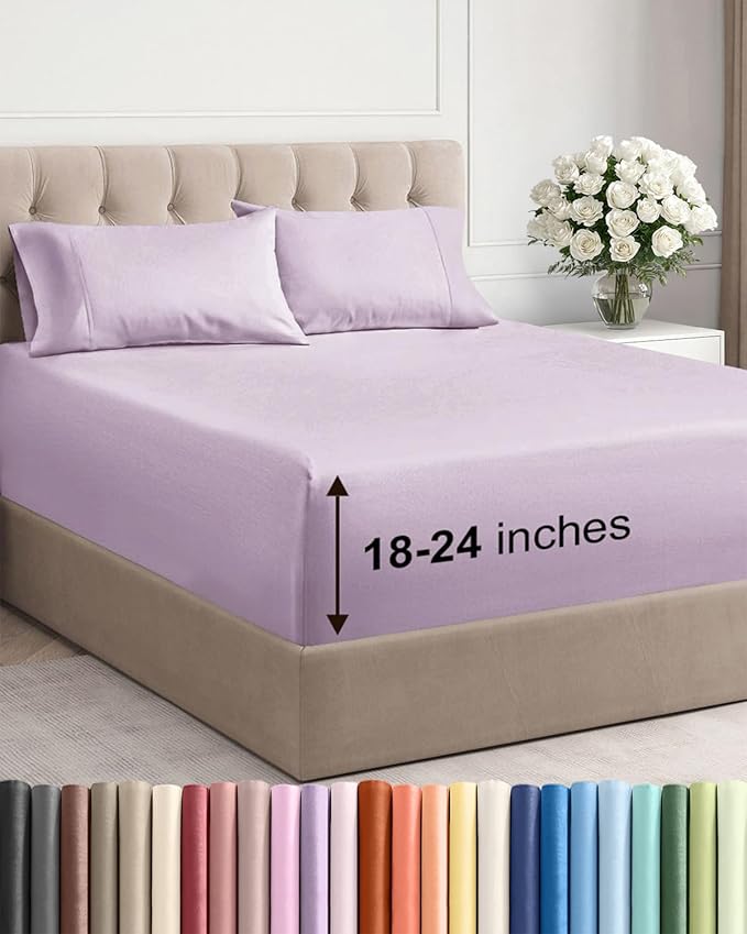 Extra Deep Pocket Cal King Sheets - 4 Piece Breathable & Cooling Bed Sheets - Hotel Luxury Bed Sheet Set - Soft, Wrinkle Free & Comfy - Easily Fits Extra Deep Mattresses - Light Lavender Sheets Set