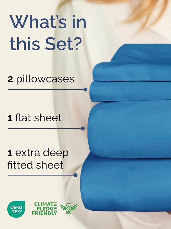 Extra Deep Pocket Full Sheets - 4 Piece Breathable & Cooling Bed Sheets - Hotel Luxury Bed Sheet Set - Soft, Wrinkle Free & Comfy - Easily Fits Extra Deep Mattresses - Deep Pocket Denim Blue Sheets