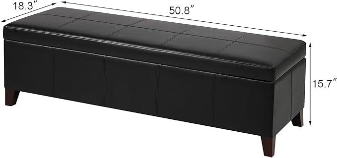 DECO DE VILLE Storage Ottoman Bench, 51 Inch Faux Leather Foot Rest with Hinged Lid, Black Bed Bench
