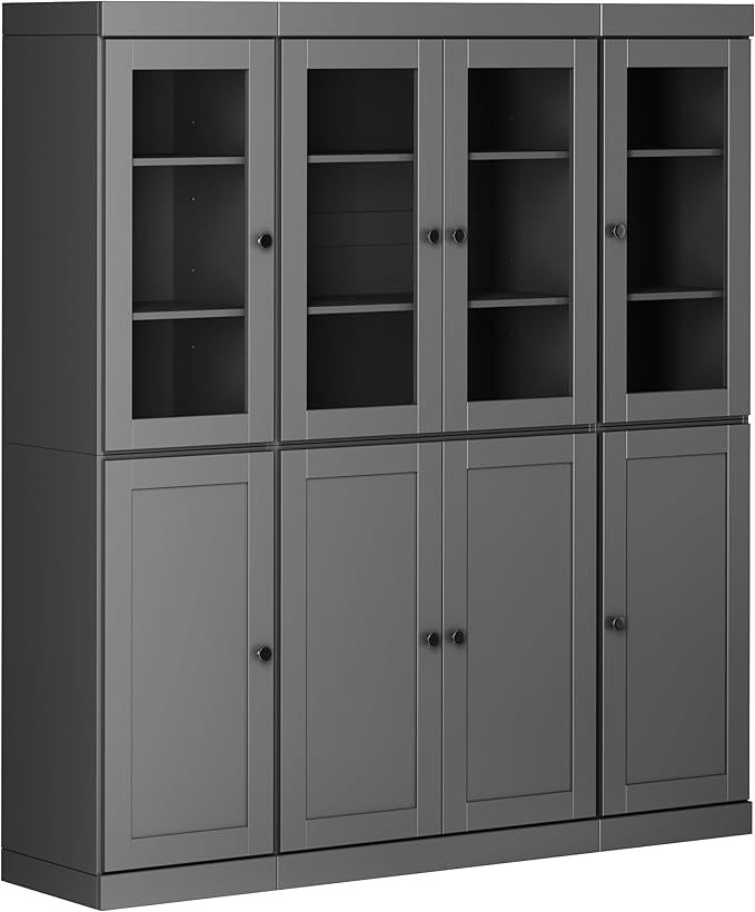 Palace Imports 100% Solid Wood Kitchen China Pantry Cabinet, 65" W - 4 Clear Glass & 4 Shaker Doors, Renewable Eco-Friendly Wood, Made in Brazil (Gray, 8 China/Shaker Doors | 2 Drawers)