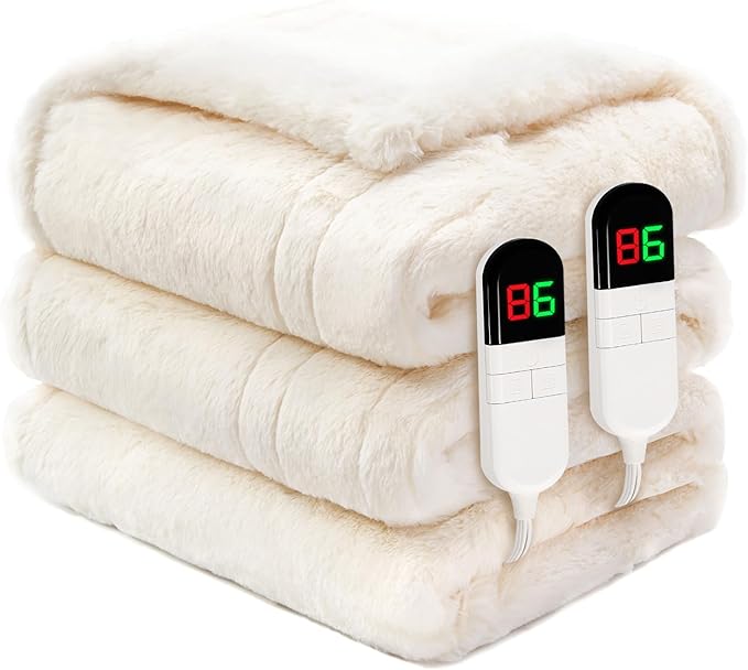 Premium Heated Blanket Queen 84"횞90",Ultra Cosy Soft Electric Blanket with 8 Heating Levels,Dual Control Plush Fast Heating Faux Rabbit Fur for Bed & Couch - Auto Shut Off,Machine Washable(Beige)