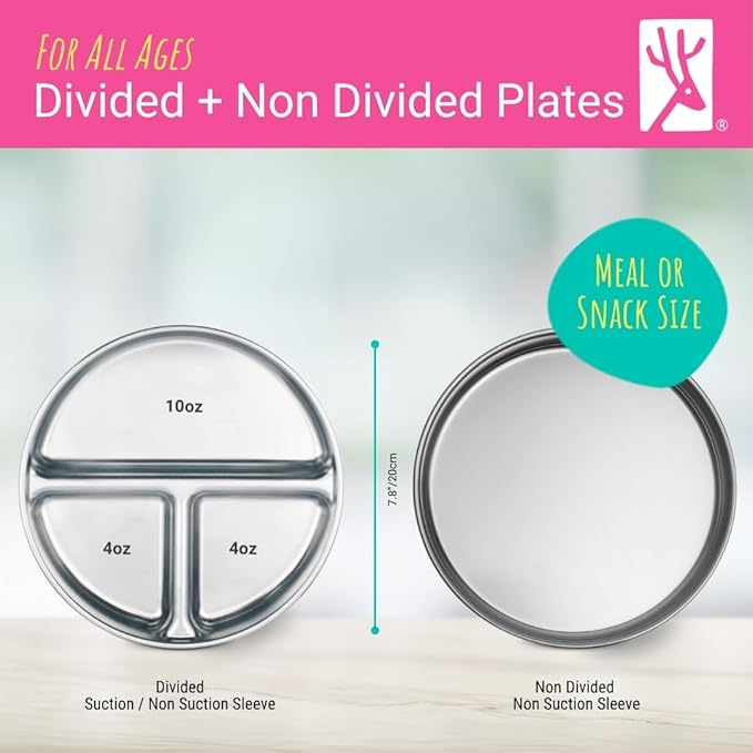 Elk and Friends 7.8??Stainless Steel Non Divided Plates with Silicone Sleeve + Storage Lid | Baby, Toddler, Kids | Dishwasher Safe | Dinner & Snack Plates | 4 Pack