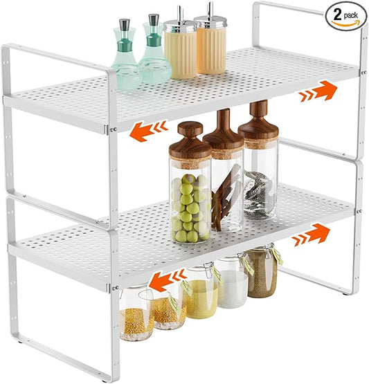 2Pack 16.5-27?쇺셂 Expandable Stackable Cabinet Shelves, Adjustable Spice Rack Cabinet Shelf Organizer for Kitchen, Countertop, Pantry and Cupboard, White