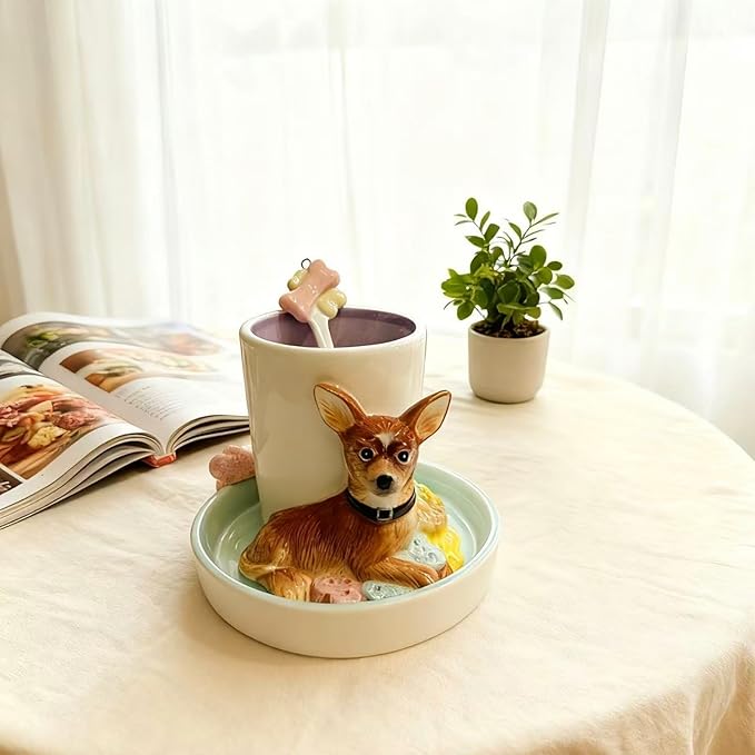 Ceramic Animal Coffee Mug Cup and Saucer Set竊?00ML(6.8OZ) 3D Hand-painted Tea Cup with Spoon (Brown)