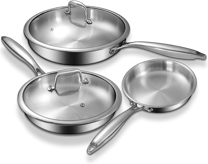 Tri-Ply Stainless Steel Frying Pans Set with Lid, EWFEN 8??10??12??Cooking pans, PFOA&PTFE Free Skillet, Induction Cooking Pan, Dishwasher and Oven Safe, Fast & Even Heat, Suitable for All Stove