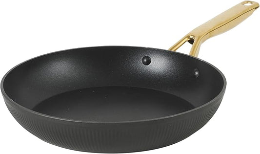 Oster Platinum Abbotsford 11-Inch Nonstick Skillet Fry Pan ??Matte Black Stripe Cookware with Gold Handle, Dishwasher Safe, Modern Kitchen Essentials