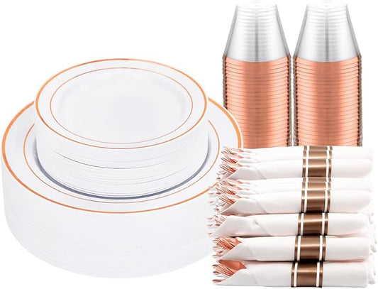 DaYammi 210PCS Rose Gold Plastic Dinnerware Set for 30 Guests, Valentine's Day Plates for Party, Include: 30 Dinner Plates, 30 Dessert Platos, 30 Pre Rolled Napkins with Rose Gold Silverware, 30 Cups