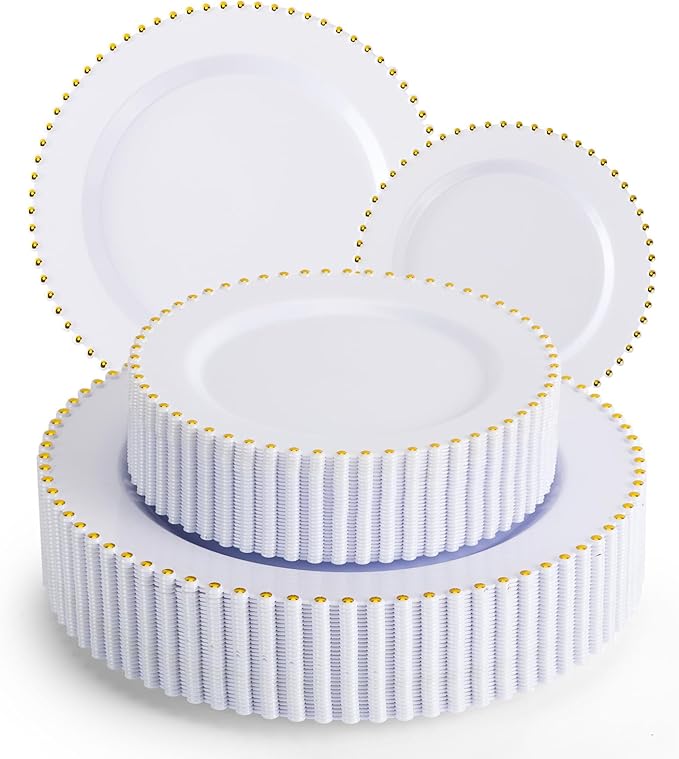 EI 60pcs White Plastic Plates with Gold Rim,Heavy Duty Plastic Plates Disposable,White and Gold Plate for Party,Wedding,Birthday,Afternoon Tea,Spring,Mother's Day,Valentine's Day