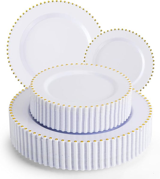 EI 60pcs White Plastic Plates with Gold Rim,Heavy Duty Plastic Plates Disposable,White and Gold Plate for Party,Wedding,Birthday,Afternoon Tea,Spring,Mother's Day,Valentine's Day