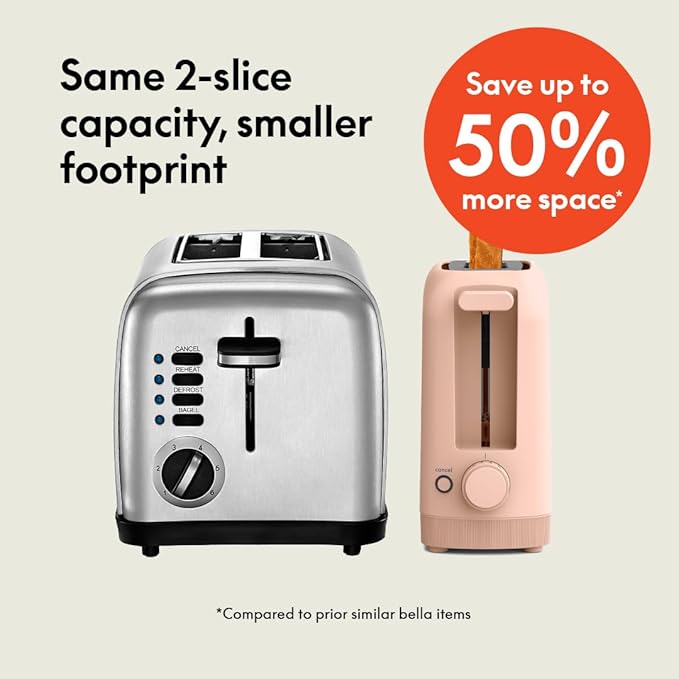 bella 2 Slice Slim Toaster, Fits-anywhere??Kitchenware, 6 Setting Shade Control with Reheat & Cancel Buttons, Fits sourdough, 10??Long Slot, Anti Jam & Auto Shutoff, 900 Watt, Blossom