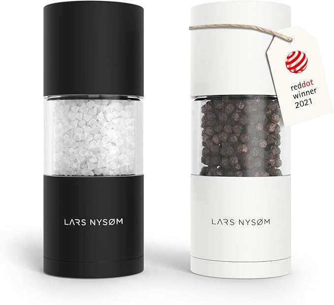 LARS NYS횠M Salt and Pepper Grinder Set, Manual Salt and Pepper Mills with Adjustable Ceramic Grinder, Design Spice Shaker Set (Black/White)