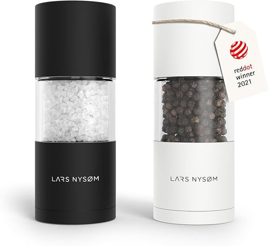 LARS NYS횠M Salt and Pepper Grinder Set, Manual Salt and Pepper Mills with Adjustable Ceramic Grinder, Design Spice Shaker Set (Black/White)