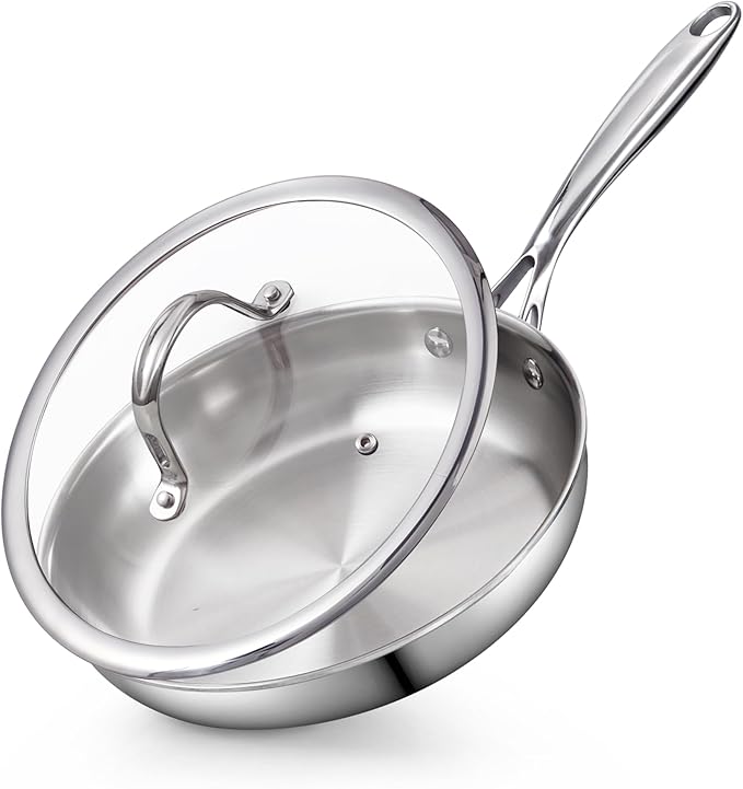Cooks Standard Stainless Steel Frying Pan with Lid, 8-Inch Multi-Ply Clad Wok Stir Fry Pan, Kitchen Skillet, Silver