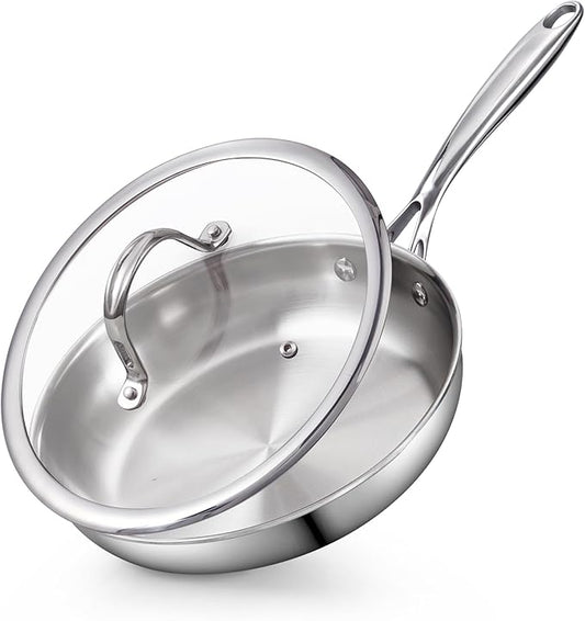 Cooks Standard Stainless Steel Frying Pan with Lid, 10-Inch Multi-Ply Clad Wok Stir Fry Pan, Kitchen Skillet, Silver