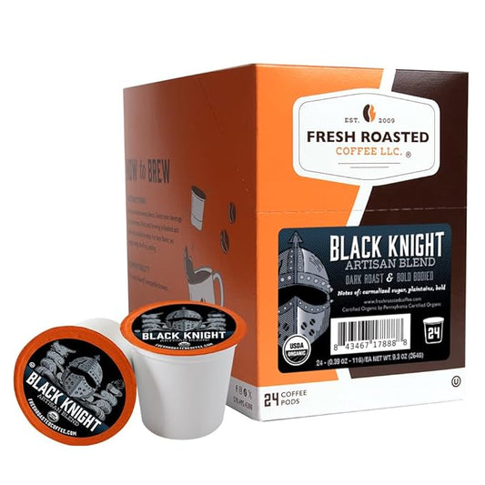 Fresh Roasted Coffee, Organic Black Knight | USDA Organic, Kosher | Dark Roast 24 Pods for K Cup Brewers
