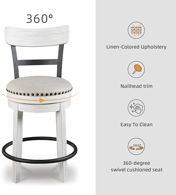 Signature Design by Ashley Valebeck | Modern Swivel 24.5" Counter Height Barstool ??Rustic-Industrial Whitewash, Upholstered Cushion, 360째 Swivel, Nailhead Trim