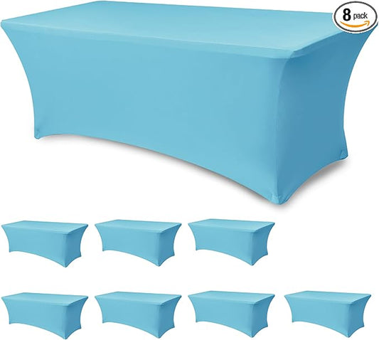 Enjoyidea Stretch Table Cover for 6 Foot Tables-8 Pack Light Blue Spandex Fitted Tablecloth-Elastic 6ft Folding Tablecloths for Party, Vendor Booth Display, Banquet Buffet Event, Craft Trade Show
