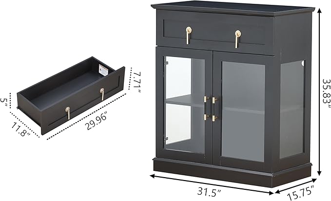 31.5'' Accent Small Buffet Cabinet with Storage, Buffet Sideboard with Two Glass Doors and a Drawer,Small Coffee bar Cabinet with Adjustable Shelf,for Kitchen and entryway,Black