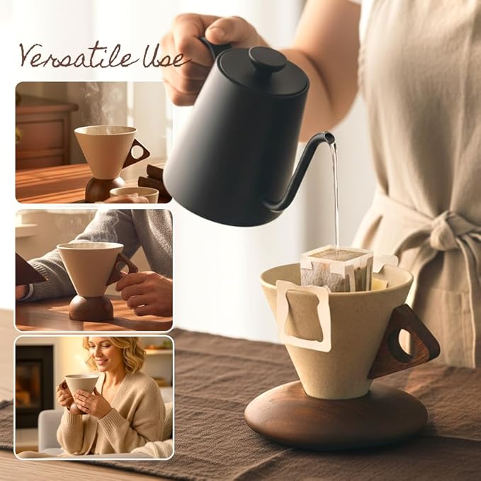 Vintage Coarse Pottery Coffee Mug with Wooden Handle and Saucer, 2026 New Ceramic Cup for Espresso Latte Tea, Wooden Handle Mug Set for Home & Office (Round base-250ml)