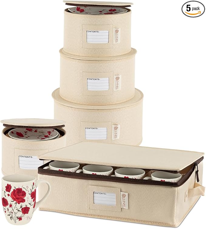 China Storage Hard Shell Containers 5-Piece Set Moving Boxes for Dinnerware, Glasses, Plates, Mugs and Saucers Sturdy Dish Organizer with Dividers for Seasonal Storage - Service for 12 - Beige
