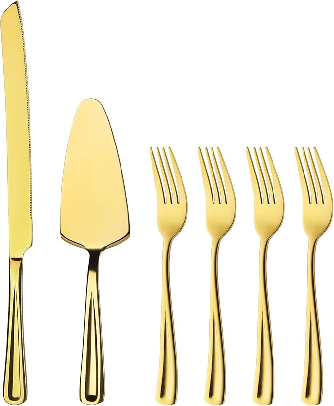 GoGeiLi 13-Inch Gold Cake Knife and Server Set with 4 Salad Forks, 18/0 Stainless Steel Wedding Cake Cutting Set for Wedding, Birthday, Anniversary, Mirror Polished, Dishwasher Safe