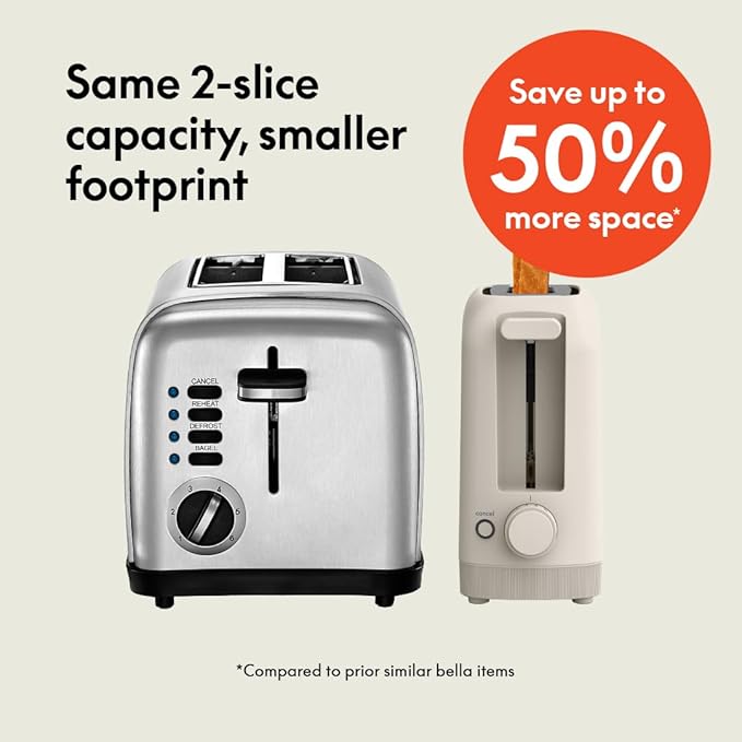 bella 2 Slice Slim Toaster, Fits-anywhere??Kitchenware, 6 Setting Shade Control with Reheat & Cancel Buttons, Fits sourdough, 10??Long Slot, Anti Jam & Auto Shutoff, 900 Watt, Oatmilk