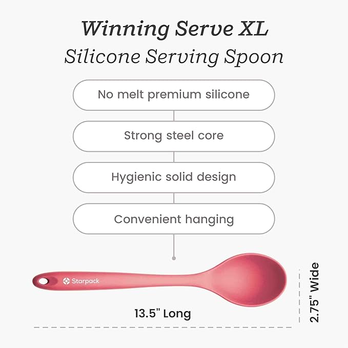 Starpack 'Winning Serve' XL Premium Silicone Serving Spoon (13.5") - Large Silicone Spoon for Cooking High Heat Resistant to 600째F - LFGB Grade Nonstick Mixing Spoons - Large Rubber Serving Spoons