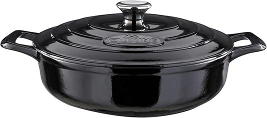 La Cuisine Enameled Cast Iron Braiser Saute Pan Shallow Casserole with lid, 3.75 Quart (QT) 11" Diameter Matte Black Enamel Coating Interior, Glossy Black Porcelain Enamel Coating Exterior