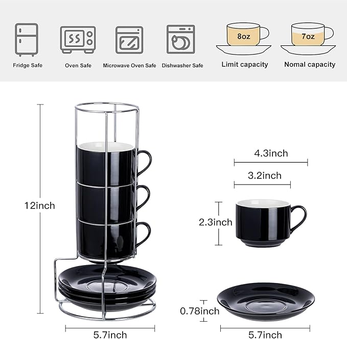 8oz Porcelain Cappuccino Cups with Saucers and Metal Stand, Stackable Coffee Cups for Specialty Coffee Drinks, Cappuccino, Latte, Espresso, Americano and Tea - Cups Set of 4, Black