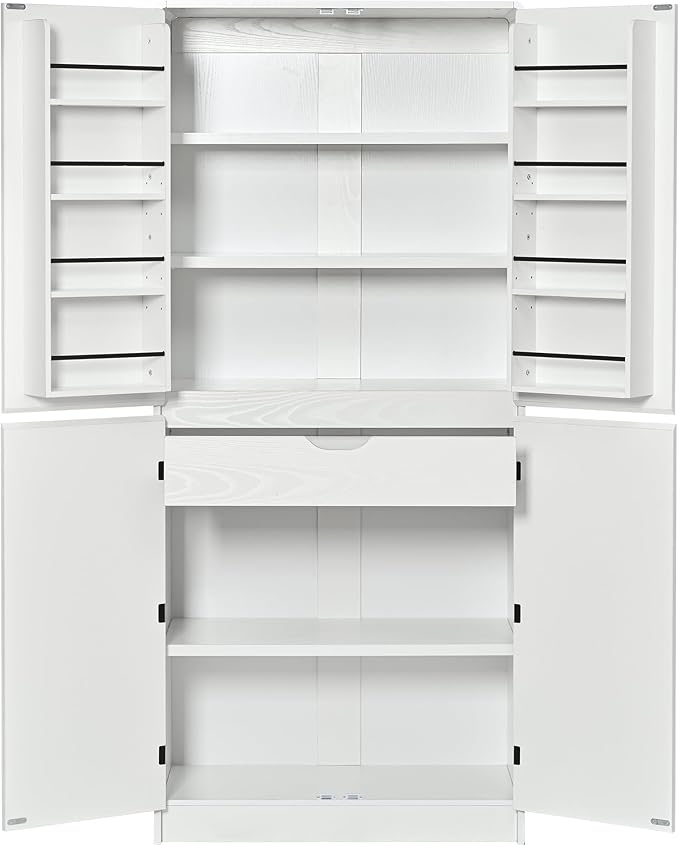 72" Farmhouse Tall Kitchen Pantry Cabinet, Wood Storage Cabinets with Hidden Drawer and 3 Adjustable Shelves, Cupboard with Door Shelves for Kitchen, Dining and Bathroom, White