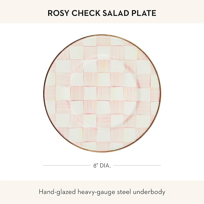 MACKENZIE-CHILDS Enamel Salad and Dessert Plate, Small Plate for Appetizers or Desserts, 8 Inches, Pink-and-White Rosy Check