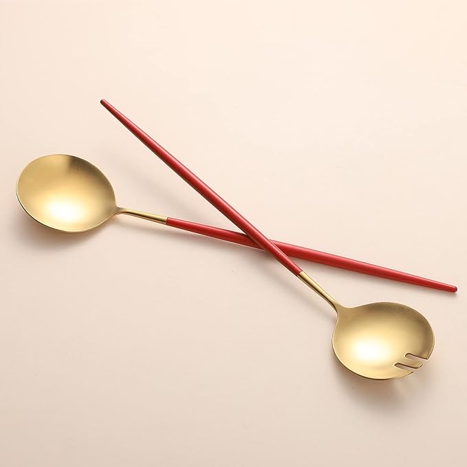 Salad Servers,Spoon and Fork Set 11.41 inch,18/10 Stainless Steel Salad Serving Titanium Plating (Red gold)