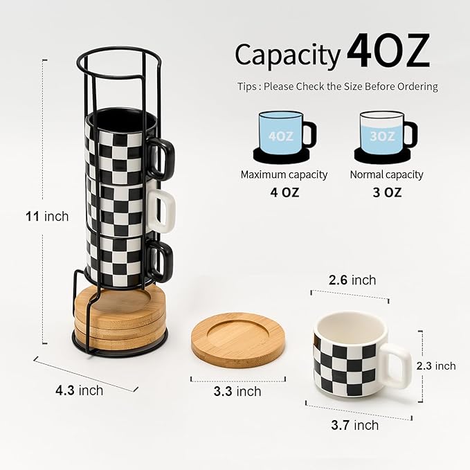 LUKA Ceramic Stackable Black and White Checkered Espresso Cups with Saucers and Metal Stand, 4 Ounce Small Demitasse Cups Set for Coffee Drinks, Latte, Tea - Set of 4