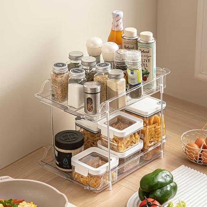 Expandable Cabinet Organizer Shelf, 2-Tier kitchen Counter Organization Shelves, Spice Rack,Clear Plastic Countertop Storage Rack for Makeup, Pantry, Cupboard, Bathroom, Desk Organization