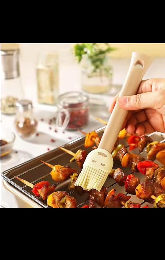 Silicone Baking Brush and Spatula Set, Beige and Cream, 2-Piece Kitchen Utensils with Smiley Face Design
