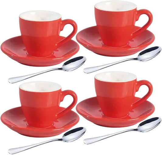 homEdge Porcelain Espresso Shot Cup Set with Saucers and Stainless Steel Spoons - 80 ml / 2.67 oz, Set of 4, Red