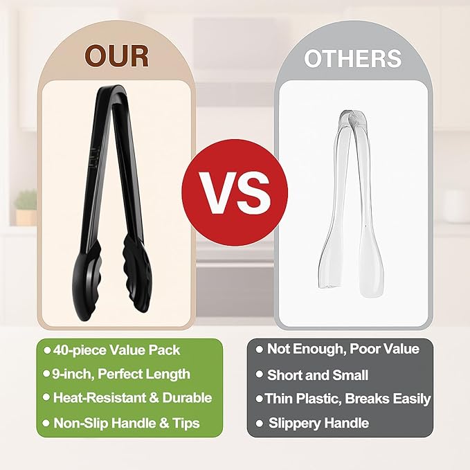 40 Pcs Plastic Tongs for Serving Bulk, 9 Inch Plastic Serving Tong Disposable, Black Kitchen Utensils Heavy Duty Salad Tongs for Food, Buffets, BBQ, Kitchen, Catering, Events and Parties
