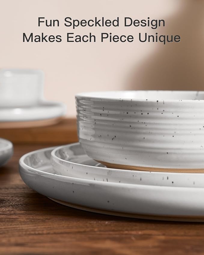 Plates and Bowls Sets for 6, Famiware Premium 18-Piece Stoneware Dinnerware Set - Reactive Glaze with Speckles & Spirals, Chip & Scratch Resistant, Dishwasher Safe, Dish Set with Gift Box, White