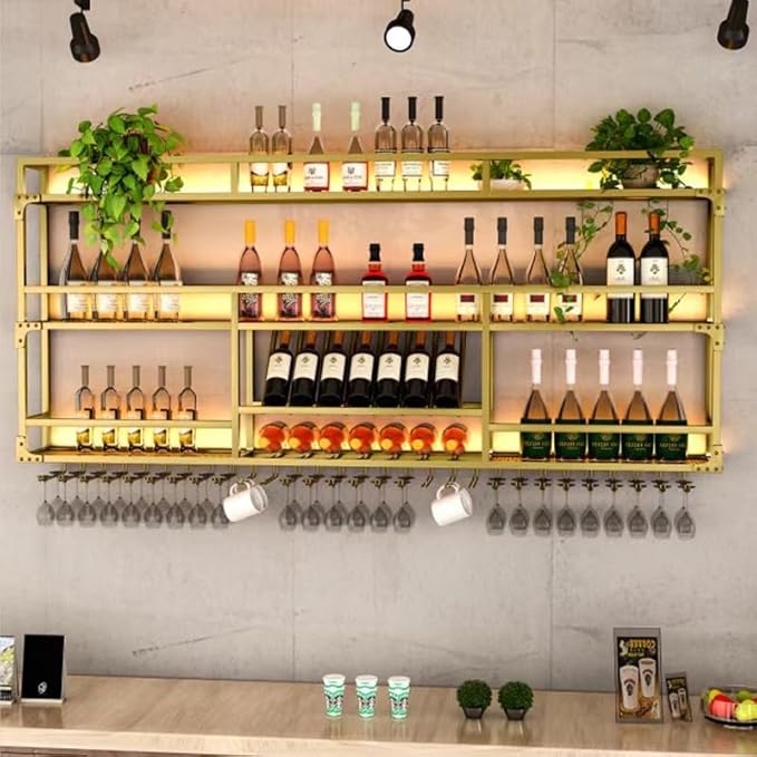 31 Inch Metal Wall-Mounted Wine Rack with LED Light, 3 Tier Wine Storage Display Rack with Glass Holder, Space-Saving Bottle and Cup Display Shelf for Home Bars, Dining Rooms, Gold