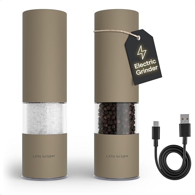 LARS NYS횠M Electric Salt and Pepper Grinder Set I Automatic Salt and Pepper Mills with Adjustable Ceramic Grinder I USB Rechargeable Electric Spice Mill Set with LED Light (Taupe Brown)