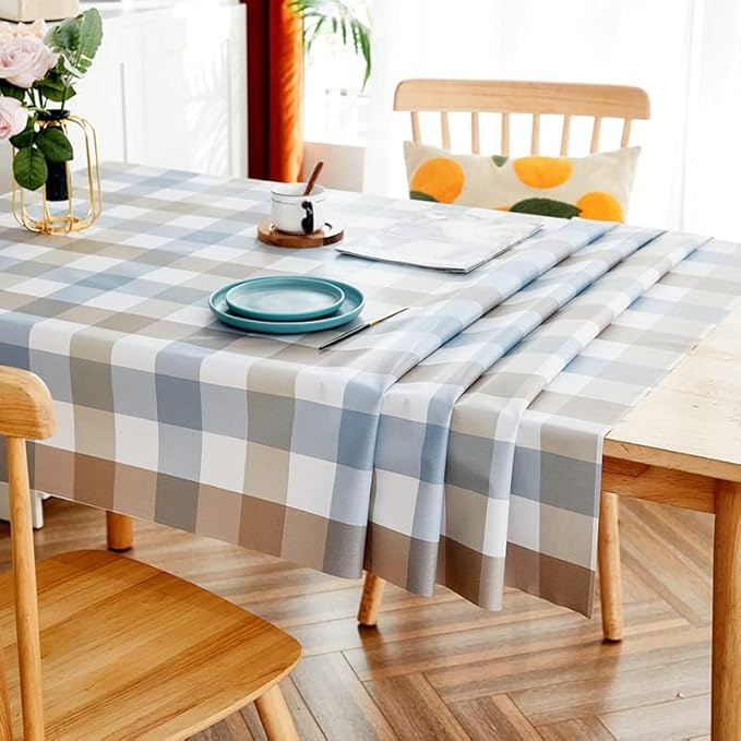 LOHASCASA Vinyl Oilcloth Tablecloth Rectangle Wipeable Peva Waterproof PVC Heavy Duty Stainproof Spillproof Large Tablecloth Farm Thanksgiving Banquet BBQ - Blue Grey Tan Plaid 9 ft 54 x 108 Inch