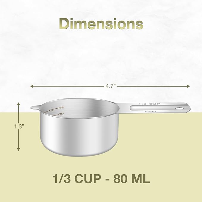 BERYLER 2PCS 1/3Cup (80ml, 2.6oz) Single Measuring Cup, Etched Inner Scale Stainless Steel Measure Scoop, Metric and US Measurement, Dishwasher Safe