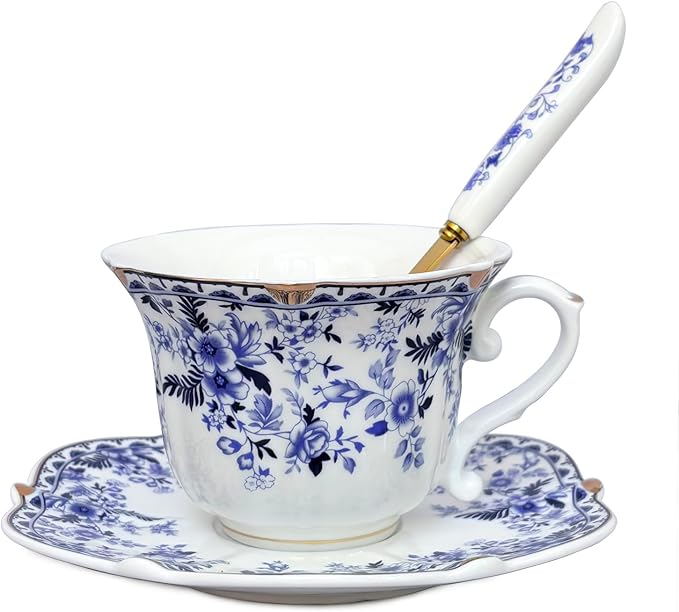 Noviko Ceramic Tea Cups and Saucers Set Vintage Floral Teacup for Women (1, Blue)