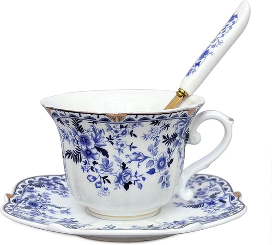 Noviko Ceramic Tea Cups and Saucers Set Vintage Floral Teacup for Women (1, Blue)