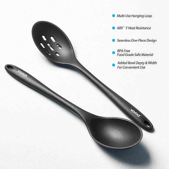 Silicone Spoons for Cooking - Extra Large Kitchen Spoons for Mixing, Serving, & Stirring - 600째F Heat-Resistant Non Stick Utensils Ladle - Dishwasher Safe, Solid,Black