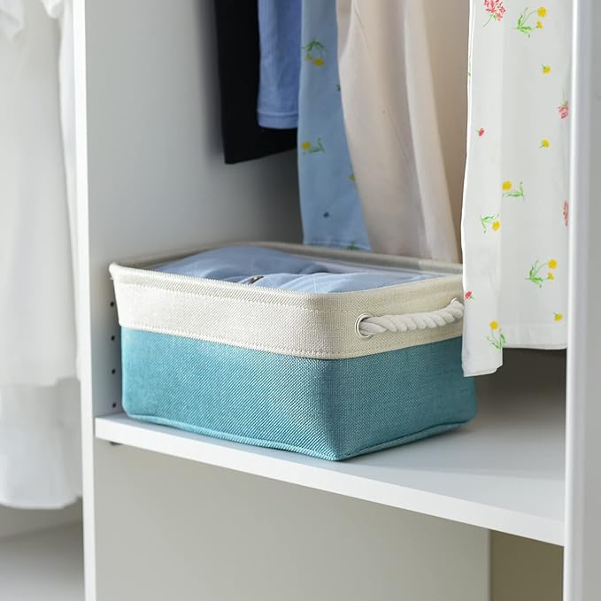 TheWarmHome Fabric Storage Bin with Handles,Storage Basket for Home Storage and Organization, Shelf Basket with Cover for Living Room Bedroom Decor Closet竊늋hite & Green,Small ,11.8L횞7.9W횞5.2H